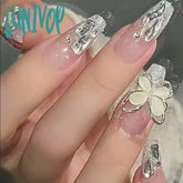 Lunivop 24Pcs/Box Fake Nails Press On Reusable With Designs Set French Artificial Aurora Diamond